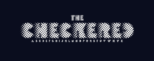 Retro pixelated font, bold checkerboard style letters, experimental pixel alphabet for game headline and logo, personal branding, eye-catching poster titles, high-impact visuals. Vector typeset © artyway