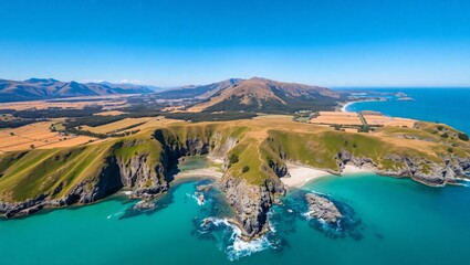 Scenic Aerial Shot of a Hidden Beach Surrounded by Rugged Coastal Cliffs and Ocean Waves Aerial View of a Remote Tropical Island Surrounded by Turquoise Waters and Coral Reefs