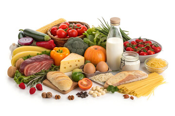 Food on a white background isolated, Food assortment, fresh produce, grocery items, raw ingredients, balanced diet, colorful fruits and vegetables, dairy products, meat, bread, cheese, eggs, milk etc