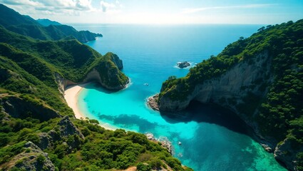 Scenic Aerial Shot of a Hidden Beach Surrounded by Rugged Coastal Cliffs and Ocean Waves Aerial View of a Remote Tropical Island Surrounded by Turquoise Waters and Coral Reefs