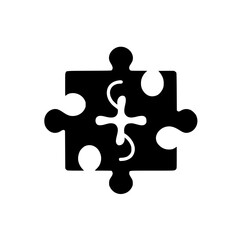 A clean, monochrome graphic of a square jigsaw puzzle piece with a central, abstract cross-like design, set against a stark white background.