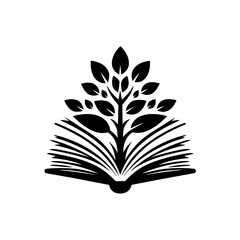 A stylized monochrome logo representing an open book with a flourishing tree growing from its pages, symbolizing knowledge and growth.