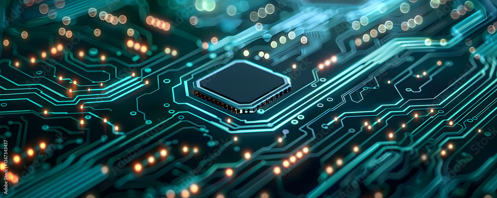 Poster Advanced circuit board with glowing microchip