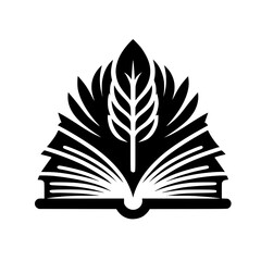 A stylized black and white logo depicting an open book crowned by a leaf and wheat-like element.