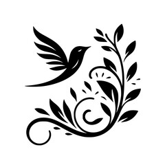 Elegant Silhouetted Bird in Flight with Organic Foliage, Botanical Illustration, Black and White Composition.