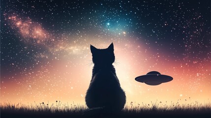 A sleek cybernetic cat observes a hovering flying saucer, reflections of distant galaxies glistening in its metallic fur,80s sci-fi poster style