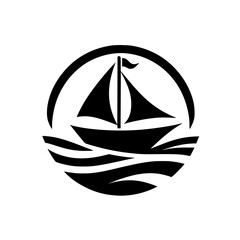 Monochromatic minimalist sailing ship emblem set within a stylized ocean, framed by a circular border and evoking a sense of adventure and travel.