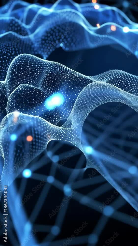 Poster complex network visualization highlights interconnected data points in a digital landscape with blue