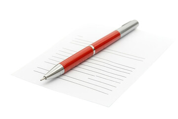 A vibrant red pen resting on a blank notepad with lined pages awaiting thoughts and ideas isolated on transparent background