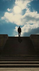 Pixelated Silhouette Ascending Stone Stairs Towards Bright Sunlight In Cloudscape Photo