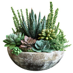 A 3D Potted Succulent Arrangement with Varying Textures Isolated on Transparent Background