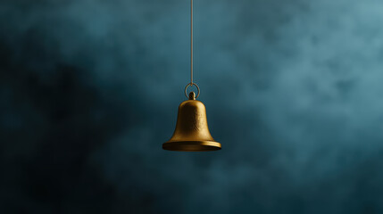 Obraz premium golden bell hangs against misty blue background, symbolizing celebration and freedom. Its intricate design adds elegance to