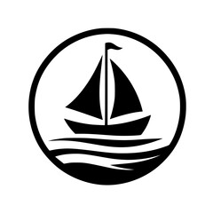 Minimalist Monochrome Emblem: Sailing Boat on Waves within a Circular Frame, Illustrating Calm Seas and Exploration.