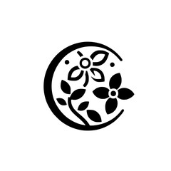 Minimalist Floral Emblem: Circular Design with Bold Silhouette of Blossoms and Foliage on a White Backdrop.