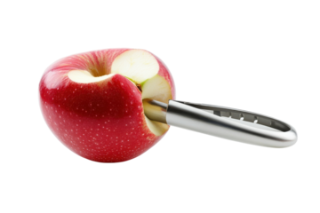 A bright red apple sits elegantly, showcasing a modern metallic slicer embedded in it isolated on transparent background