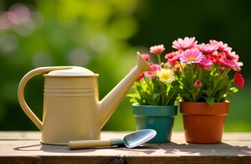Watering can and beautiful flowers in pots stand on a wooden table. Spring sunny day. Concept of gardening and hobby