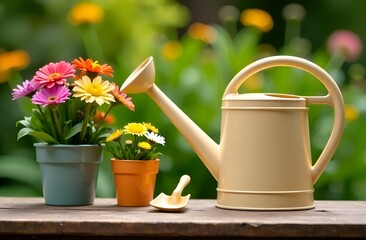 Watering can and beautiful flowers in pots stand on a wooden table. Spring sunny day. Concept of gardening and hobby