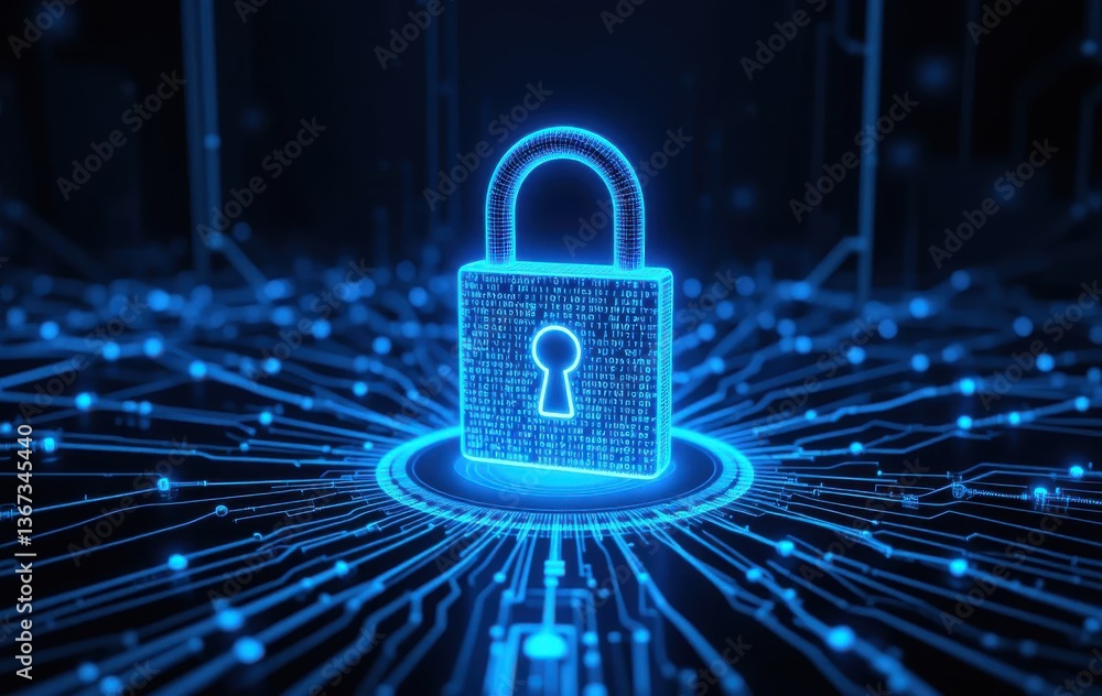 Poster digital cyber security padlock network protection blue technology data safe code system future