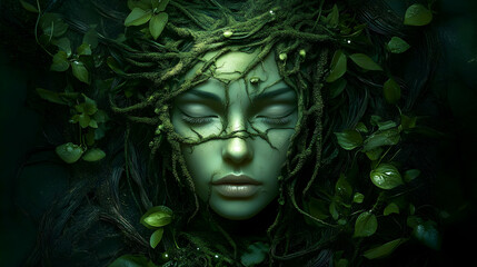 Realistic Portrait of a Woman with Green Leaves and Glowing Eyes Illustration