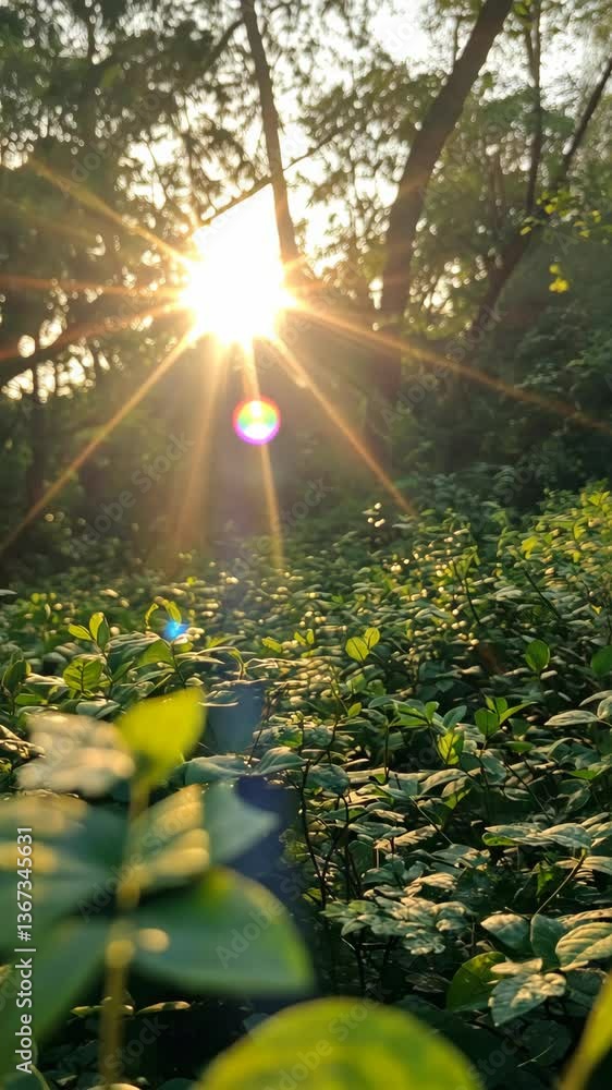 Aufkleber sunlight filters through trees illuminating lush greenery in a serene forest setting during golden h