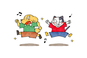 ジャンプするイヌとネコ　