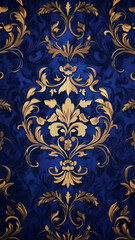 Opulent royal blue and gold damask pattern with intricate floral details, ideal for luxury phone wallpapers.

