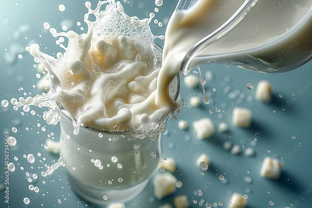 Poster close-up shot of milk splashing dramatically from a glass, showcasing a refreshing and dynamic kitch