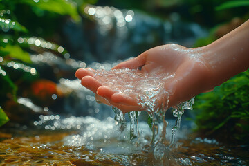 Fototapeta premium A close-up of a delicate hand, gently catching clear water from a serene stream amidst lush greenery.