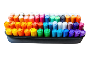 A vibrant collection of colorful markers organized in a sleek black case ready for artistic creation isolated on transparent background