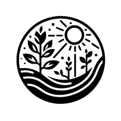 Monochromatic vector illustration of a serene garden within a circular frame, featuring a sun, growing plants, and flowing lines, evoking a sense of growth and nature.