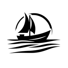 Silhouette of a Sailboat on Wavy Water, framed by a circular element, creating a nautical, minimalist design on a white background.