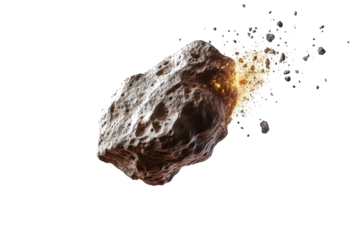A dynamic asteroid with vivid explosions swirling around in the depths of space isolated on transparent background