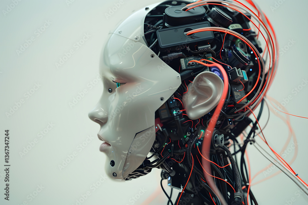 Aufkleber futuristic robot head with exposed wires and electronics