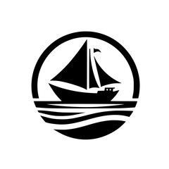 A stylized, minimalist black and white circular logo featuring a sailboat on a stylized ocean, emphasizing simplicity and nautical themes.