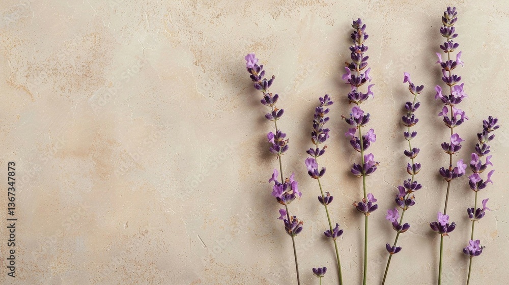Aufkleber single lavender twigs with lilac flowers lie in a row on a beige vintage background with free space for text insertion