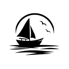 Silhouetted sailboat on a calm sea with a sun-like arc and flying birds, simple, stylized, nautical emblem.