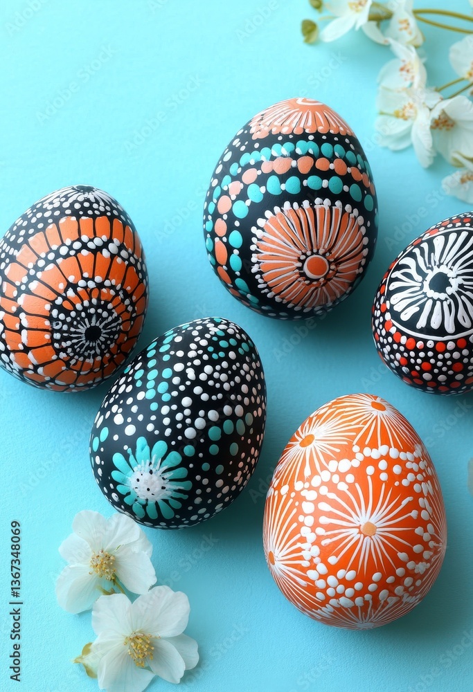 Poster brightly colored easter eggs with abstract patterns set against a blue background