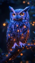 A blue owl with yellow eyes is sitting on a branch