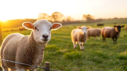 Obraz premium A sheep stands in a field during sunset, with other sheep in the background and a picturesque landscape. Concept Sheep at Sunset, Pastoral Landscape, Golden Hour, Nature Photography
