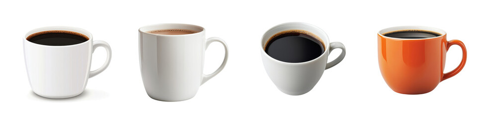 An arrangement of various ceramic coffee and tea mugs in different colors and styles including white orange gray and black on a plain white background