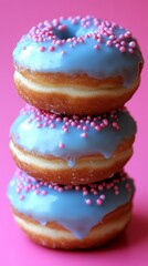 Donuts in vivid colors with pink and blue glaze set against an energetic background