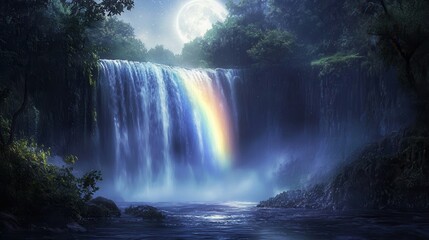 Fototapeta premium a mystical moonbow appearing over a cascading waterfall at night, its soft, glowing colors barely visible under the silver moonlight, surrounded by mist and dense forest. 