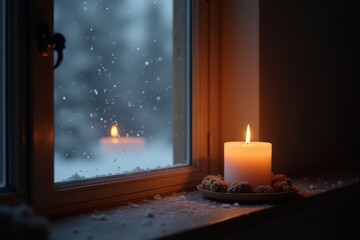 Candlelight ambiance snowy window