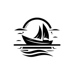 Simplified, stylized black and white illustration of a sailboat with billowing sails, set against a sun-like circular frame, over stylized waves.