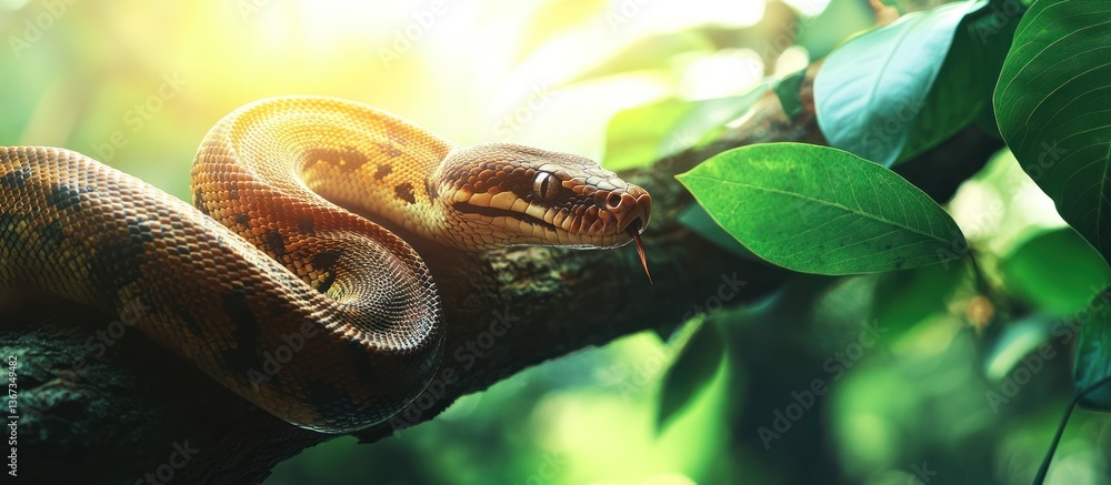 Poster a sumatran short-tailed python coiled on a tree branch in a lush green forest.