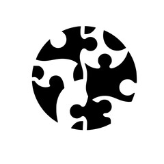 Abstract Black Puzzle Pieces Arranged in a Circular Pattern, Floating Against a White Background, Representing Unity & Connection