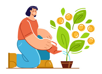  Investment growth and wealth success. Watering growing money tree with gold coins. Business, finance, banking concept