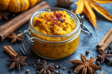 Turmeric paste with chilies and spices, viewed from above on a dark background