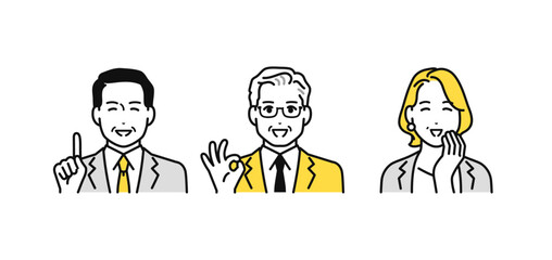 問題が解決して喜ぶ会社役員のシンプルな人物アイコンセット