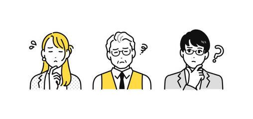 Naklejka premium 悩む表情の上司と部下のシンプルな人物アイコンセット